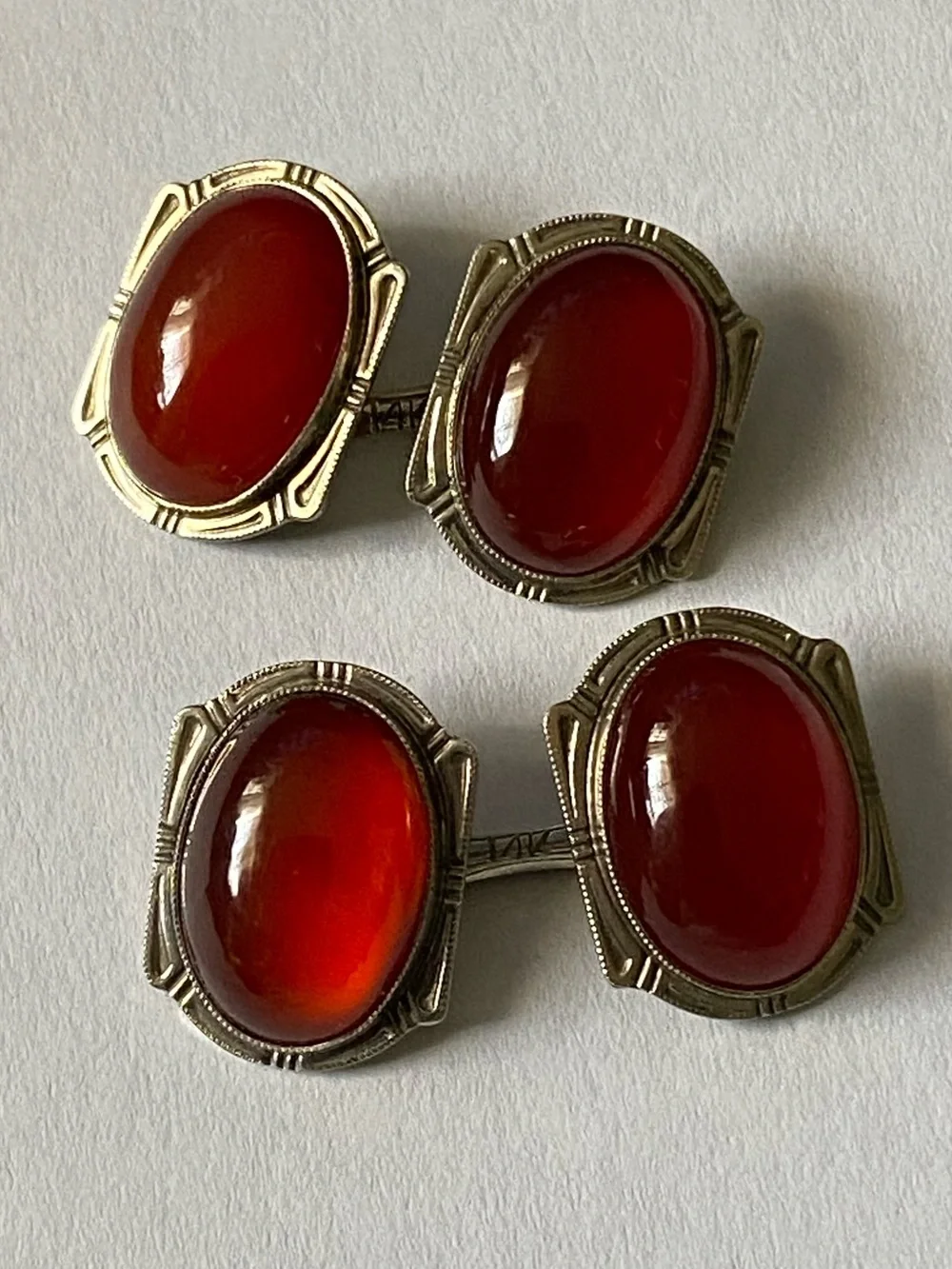 14K White Gold Art Deco Carnelian Cufflinks